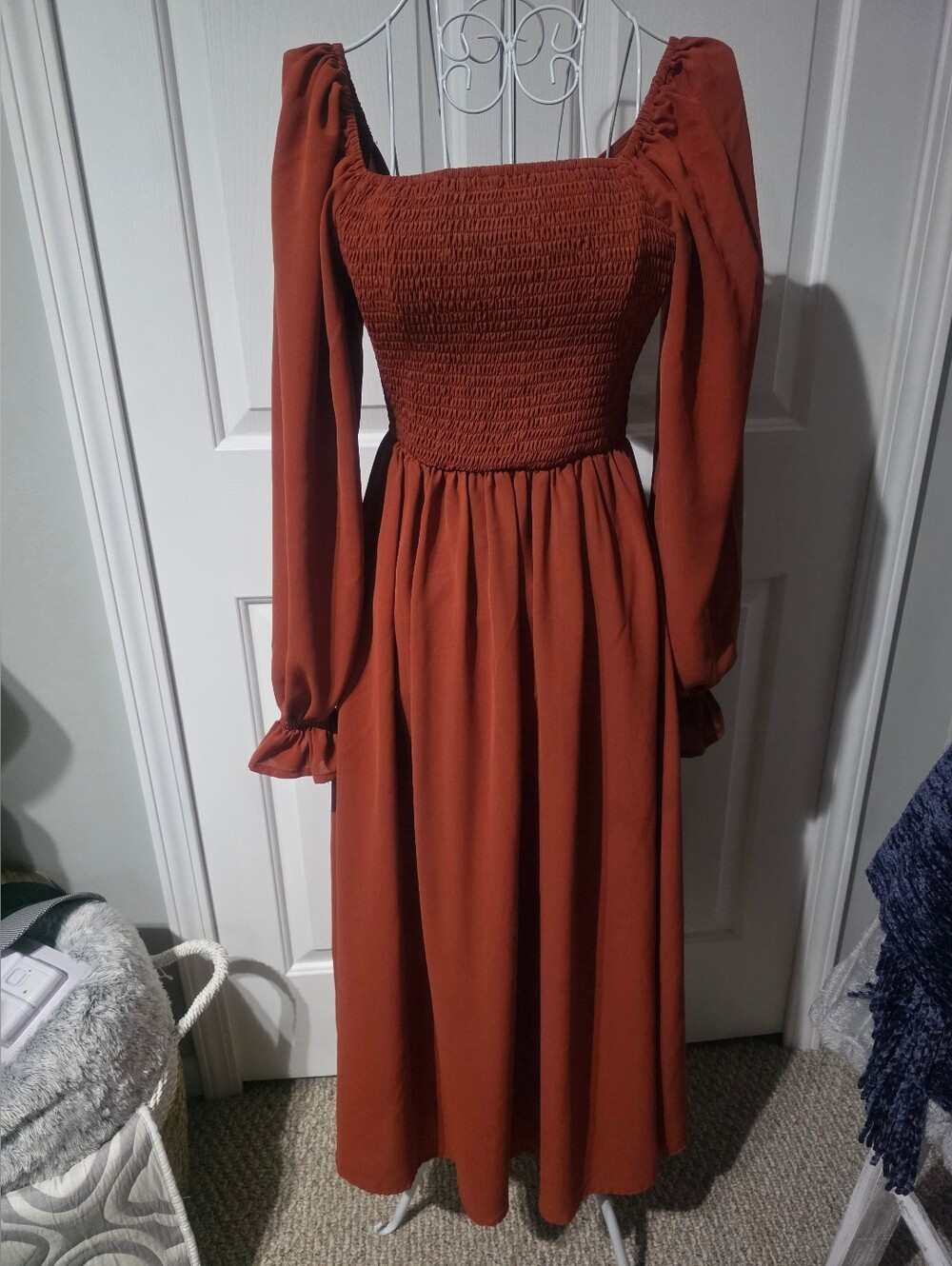 Rust Long-Sleeve Smocked Bodice Maxi Dress
